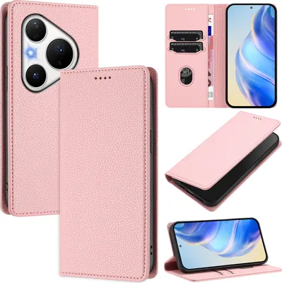 Produktbild von Litchi Leder Handyhülle für Huawei Pura 80 Pro Wallet Kartenfächer Standfunktion Hülle Pink