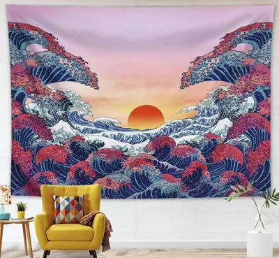 Produktbild von Große Welle Wandteppich Sonnenuntergang Wandtuch Ozean Wandbehang Japanisch Tapisserie für Wohnzimmer Schlafzimmer Wohnheim Wanddeko (150x130cm)