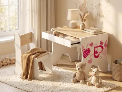 Immagine prodotto di Set da scrivania per bambini Artisan in rovere | Con sedia per bambini e cassetto | Set completo per la postazione studio per ragazzi  Cuori, ragazze , Artisan