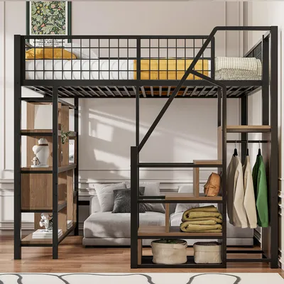 A loft bed with integrated storage and stairs, set up in a room with a sofa and wall decor.