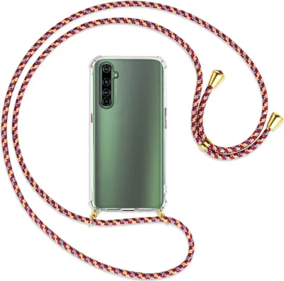 Produktbild von Handykette Backcover-Schutzhülle mit Band (Metall goldfarben) für Realme X50 Pro 5G - weinrot/gelb/grau