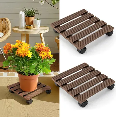 Produktbild von Izrielar 4X WPC Pflanzenroller 30cm, Blumenroller Tragkraft 80 KG, Rolluntersetzer mit Rollen, Kübelroller für Pflanzen, Blumentopf(Eckig, Braun)