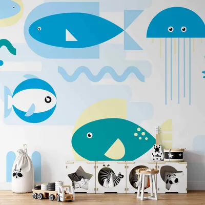 Produktbild von Vlies Fototapete - Animals in the sea - geometric blue fish in water for kids 300x210 cm Für Kinder e-A-10019-a-a