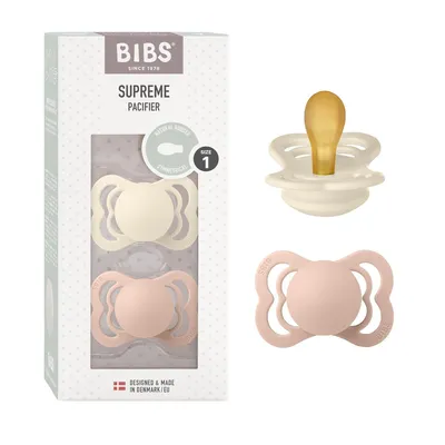 Produktbild von BIBS Supreme Schnuller 2er-Pack, BPA-frei, Symmetrischer Nippel. Naturkautschuk / Latex, Hergestellt in Dänemark. Größe 1 (0-6 Monate), Ivory / Blush