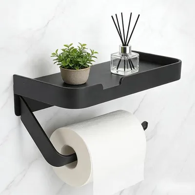 Produktbild von PolkaHome® Toilettenpapierhalter mit Ablage, Wandmontage ohne Bohren, Aluminium Schwarz Matt, Handyhalter für Bad & WC