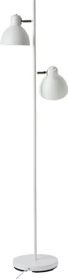 A white floor lamp with two adjustable shades is shown against a white background.