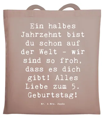 Produktbild von Mr. & Mrs. Panda Jutebeutel Spruch 5. Geburtstag Freude - Braun Pastell - Geschenk, Uni Tasche, Jubiläum, Tote Bag, Kinderaugen, studententasche, Happy Birthday, Alter