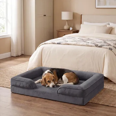 Produktbild von FEANDREA Orthopädisches Hundebett L, abnehmbarer Bezug, erhöhte Ränder, rutschfest, waschbar, Haustierbett, dunkelgrau