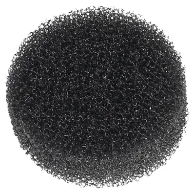 A close-up, top-down view of a round, black sponge filter.