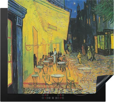 Produktbild von KitchenYeah© Herdabdeckplatte Caféterrasse bei Nacht - Vincent van Gogh , 59x52cm, Küche Deko, Glaskeramikkochfeld Herdabdeckung, Abdeckplatte fùr Kochfeld