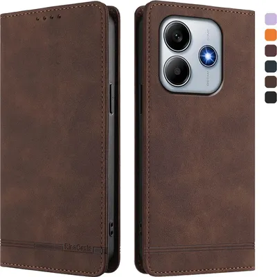 Image de Etui pour Xiaomi Redmi Note 14 4G, étui rétro en cuirPolyuréthaneavec support et fentes pour cartes de crédit Marron