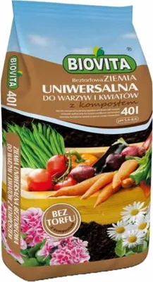 A bag of soil for plants with images of vegetables and flowers.