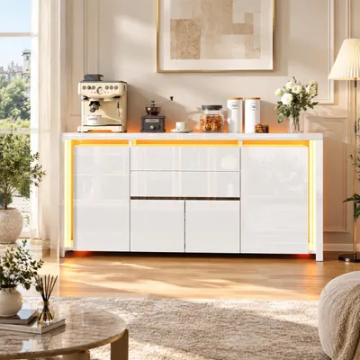 Productafbeelding van INONEFT Dressoir, hoogglans wit met LED-verlichting, commode met 2 lades en 4 deuren, multifunctionele kast voor slaapkamer en woonkamer, 160x36x75 cm, AI-gegenereerde afbeelding