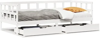 Imagen del producto de Cama nido con cajones de 80x200 cm, fabricada en madera maciza de pino. Sofá cama y cama extraíble 2 en 1 con somier, ideal para salones y habitaciones de invitados, color blanco