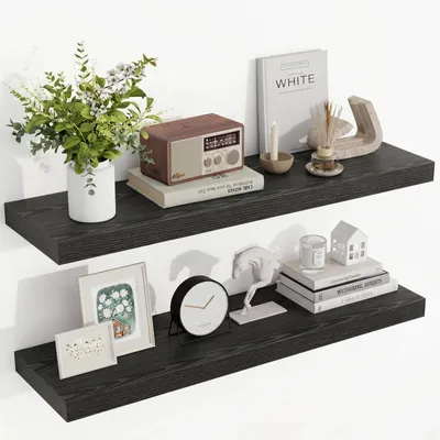 Immagine prodotto di Set di 2 mensole a parete in legno, profondità 90 cm, larghezza 23,5 cm, colore nero, mensole sospese