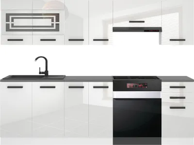Produktbild von Belini Küchenzeile Küchenblock Lily - Küchenmöbel 240 cm Einbauküche Vollausstattung ohne Elektrogeräten mit Hängeschränke und Unterschränke, mit Arbeitsplatten, Weiß Hochglanz