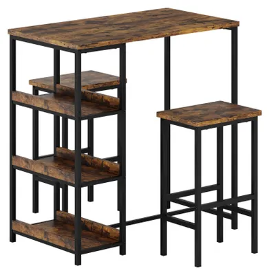 Produktbild von Bartisch Set mit 2 Barhockern 3-teilig Stehtisch mit 3 Regalen & Fußstützen Schwarzes Gestell + Vintagebraun