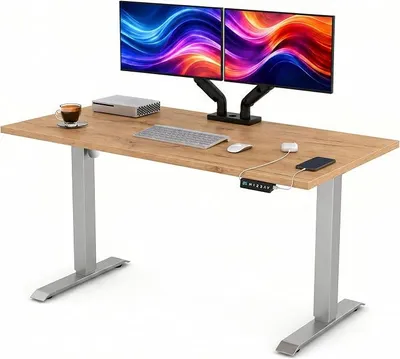 Produktbild von Höhenverstellbarer Schreibtisch Elektrisch 180x80 cm | Massive 25mm Platte | Memory-Panel mit USB-C und USB-A | Steh-Sitz-Tisch für Home Office | Gestell Silber, Platte Golden Craft Eiche