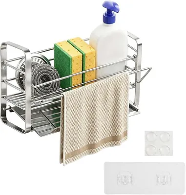 Produktbild von PolkaHome® Spülorganizer für die Küchenspüle – Edelstahl 304, selbstablaufendes Abtropfgestell, Schwammhalter mit Handtuchhalter,