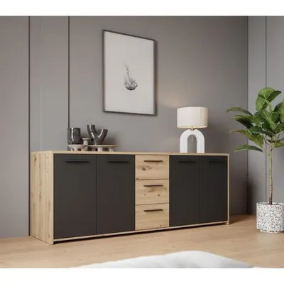 Image de Buffet en mélamine à particules - Chêne Artisan et noir - 4 portes + 3 tiroirs - 179,2 x 42 x 74,5 cm