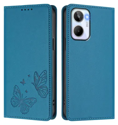 Produktbild von Lederhülle für Realme 10 4G, Schmetterling Prägung Leder Brieftasche Schutzhülle mit Ständer Blau