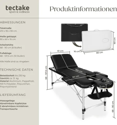 Produktbild von Tectake Massageliege, Schwarz, 3 Zonen, 5 cm Polsterung, 210x95x90 cm, 61 cm Breite (ohne Armlehnen), 68 cm min. Arbeitshöhe, aus Feinzellschaumstoff, Aluminium, Vinyl, Kunststoff, Stahl, bis 230 kg Traglast, inkl. Tragetasche, für Massagen, Wellness & Therapie