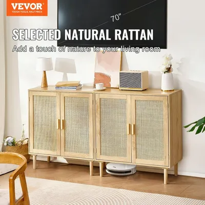 Image de Armoire en rotin avec 4 portes magnétiques et étagères réglables, lot de 2, couleur naturelle