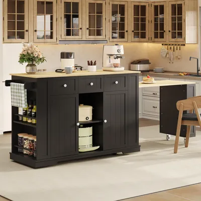 Immagine prodotto di Isola da cucina Merax con tavolo allungabile, carrello da cucina con 7 ruote, bancone con presa USB, carrello di servizio con cassetti, scaffali, colore nero naturale