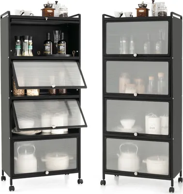 Two black metal kitchen storage shelves with glass doors are shown side-by-side.