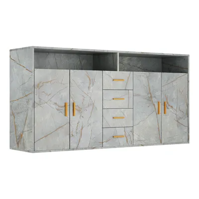 A modern gray sideboard with gold handles, featuring two cabinet doors on the left and right, and four drawers in the center.