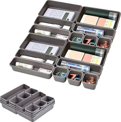 Immagine prodotto di Organizer per cassetti da cucina, sistema di organizzazione per cassetti da 16 pezzi con contenitori in 3 misure, contenitori per cucina, casa e ufficio (grigio)