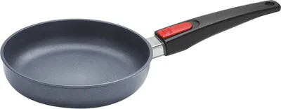 A frying pan with a black handle and a red accent on a white background.