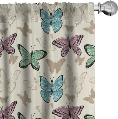 Image de ABAKUHAUS Rideaux bleus et roses, voilages, motif papillon avec contours colorés et silhouettes, 2 pièces 75 x 175 cm, coquille d'œuf multicolore