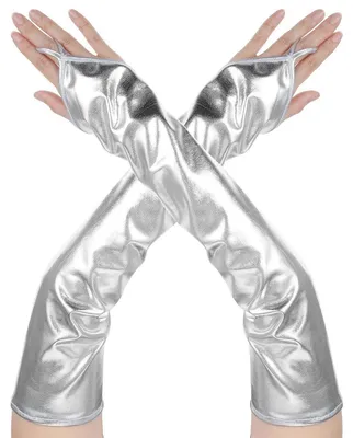 Produktbild von Fingerlose Handschuhe Damen Ellenbogenlänge Lederoptik Silber Schwarz Party Halloween Cosplay 80er Jahre Kostüm Zubehör