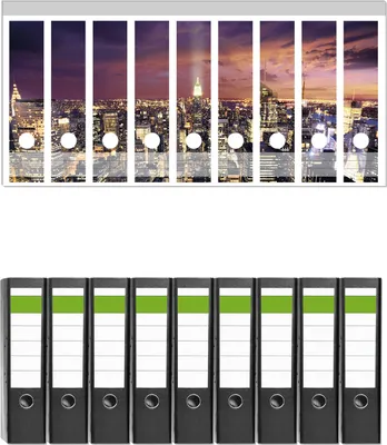Produktbild von Wallario 9 Stück breite Ordner inkl. Klebeetiketten mit Motive New York bei Nacht - Panoramablick über die Stadt -  Set mit Rückenschildern / Ordnerrücken Stickern