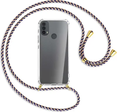 Produktbild von Handykette Backcover-Schutzhülle mit Band (Metall goldfarben) für Motorola Moto E30, Moto E40 - blau+beige