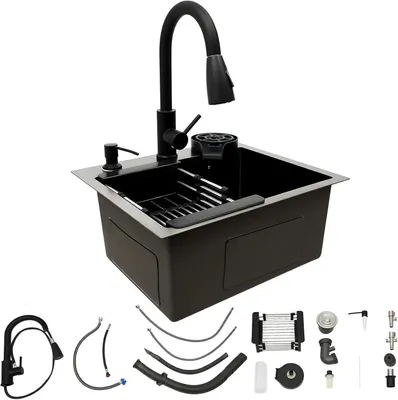 Produktbild von Küchenspüle - Einbauspüle Einzelbecken mit Armatur - Edelstahl - Ausziehbare Mischbatterie - Glas-/Tassenspüler - Seifenspender & Ablaufgarnitur - Schwarz