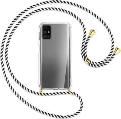 Produktbild von Handykette Backcover-Schutzhülle mit Band (Metall goldfarben) für Samsung Galaxy M31s - schwarz/weiß gestreift