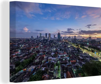 Obrázek produktu pro OneMillionCanvasses® - Obrazy na plátně - 140x90 cm, Panorama Surabaya při východu slunce v Indonésii, Nástěnné umění tisk Nástěnná dekorace - Fotografie na plátně - Malba na plátně