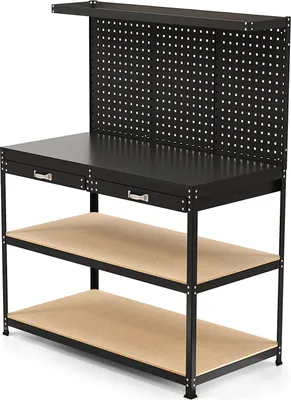 Produktbild von COSTWAY Werkbank Arbeitstisch, Werktisch Werkzeugbank bis 230kg mit Lochwand, Schubladen, regalen & 24 Hängehaken 121x65x156cm Schwarz