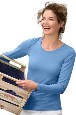 Produktbild von Langärmeliges Baumwoll-T-Shirt für Damen, 95% Baumwolle, 5% Elasthan, ohne Aufdruck, einfarbig, 180g/m2, Farbe Himmelblau, Größe XS