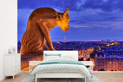 Produktbild von MuchoWow® Fototapete für Wohnzimmer oder Schlafzimmer Wandtapete Vinyl Motivtapete Gargoyle bei Nacht auf der Spitze von Notre Dame in Paris - 450x300 cm - Gemusterte
