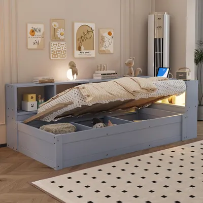 Produktbild von Flieks Hydraulisches Schlafsofa Holzbett 90x200cm mit Staufächern, Tagesbett Daybed mit Ladefunktion und Led, Kinderbett Jugendbett, Grau