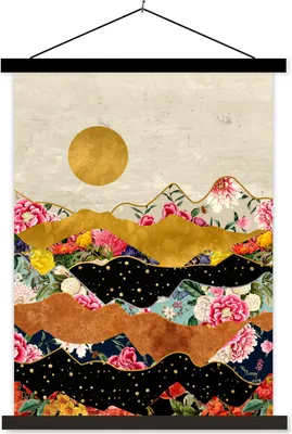 Produktbild von MuchoWow® Textilposter Blumen - Gold - Marmor 120x160 cm mit schwarzem Rahmen - Magnetischer