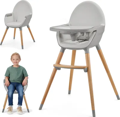 A collage of a child sitting in a high chair and a close-up of the high chair.