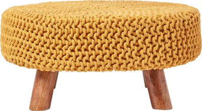 Produktbild von Homescapes Gebreide Fueßbank 30 cm Mosterd rund mit Holzbeinen