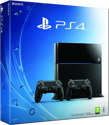 A product box for a Sony Playstation 4 console with two controllers.