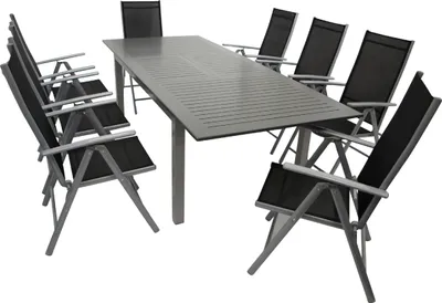 Produktbild von TPFGarden GARTEN-GARNITUR Ashford - 9-teilige Garten-Essgruppe (8x Klappsessel mit Aluminiumgestell grau, Bespannung Textilene schwarz, 1x Ausziehtisch 174/244x100cm, Aluminium). BxTxH: 175,0 - 245,0x232x107 cm