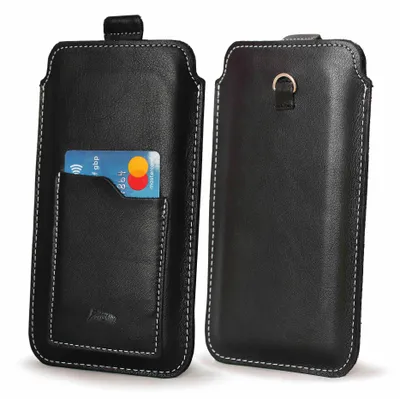 Produktbild von LURESKO NEW ASTER XXXL Leder-Schutzhülle 6,9" / iPhone 14 15 16 17 Pro Max / Galaxy S23 / S24 / S25 Ultra (Glatt Schwarz, Weißer Faden)