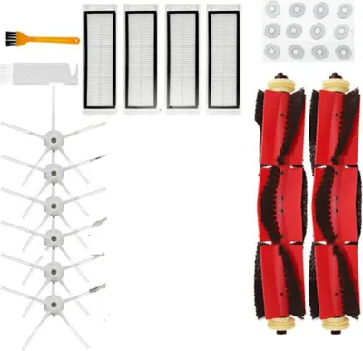 A collection of vacuum cleaner replacement parts arranged on a white background.
